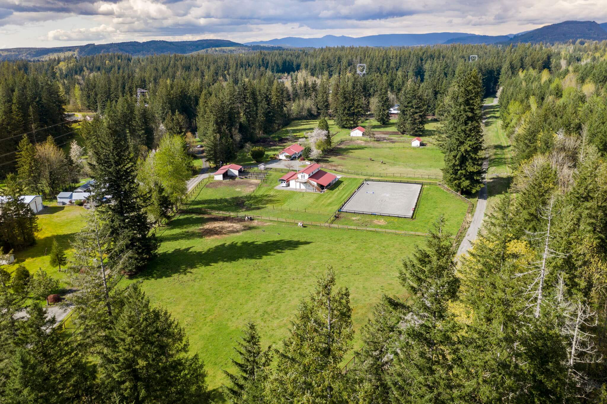 The farm includes a main house, a guest apartment, four barns and an outdoor arena
