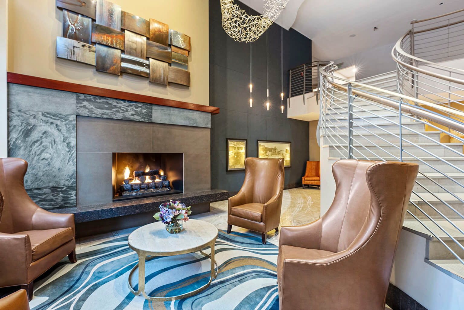 Lobby lounge with gas fireplace