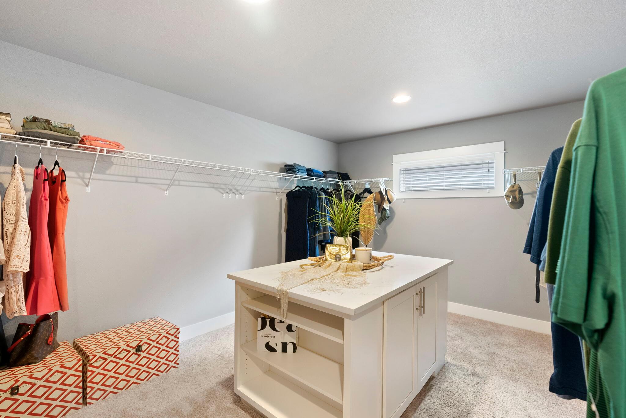 Primary suite features a large walk-in closet with built-in storage