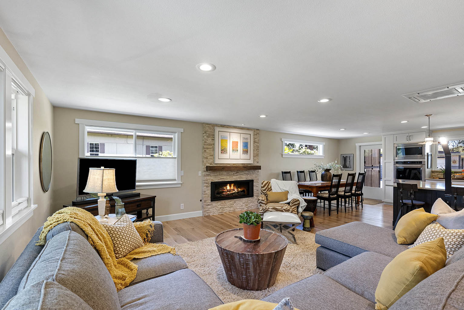 Open concept floor plan with gas fireplace
