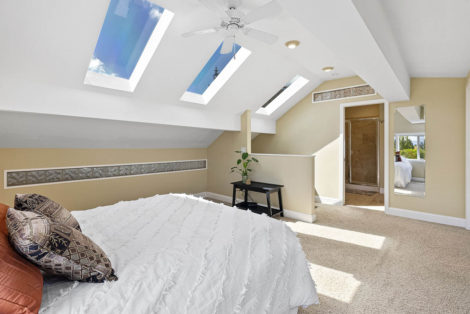 Primary bedroom with ceiling fan and skylights