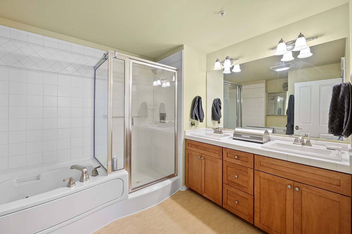 Primary bathroom with dual sink vanity