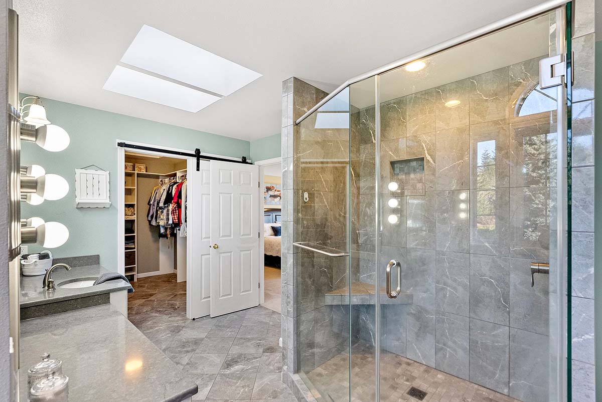 Marble stone flooring and shower surround