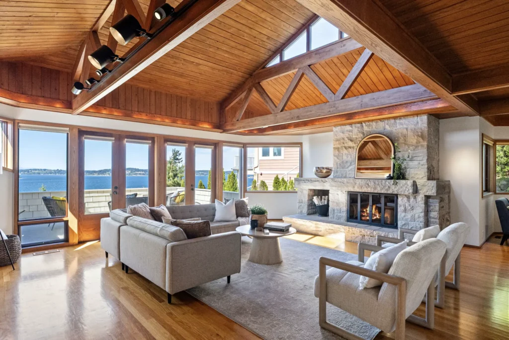 Granite fireplace and custom built-in shelving and storage