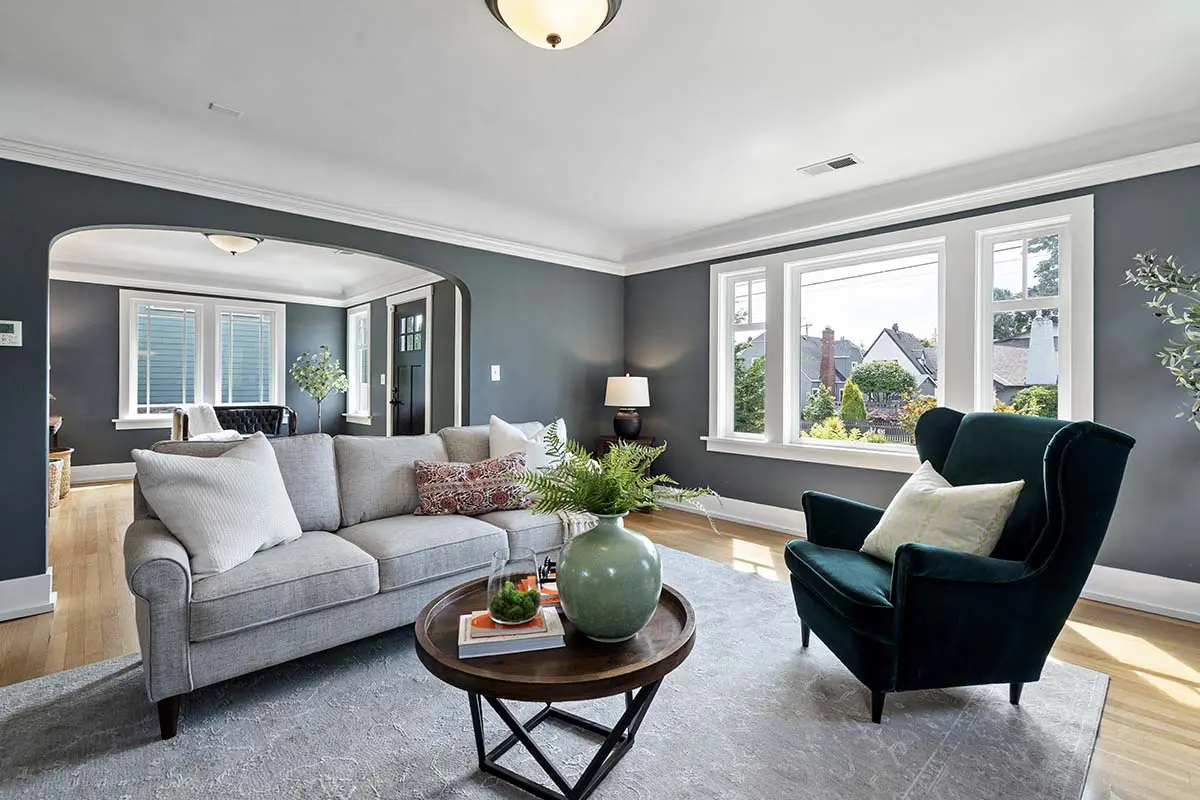 Spacious formal living room with coved ceiling