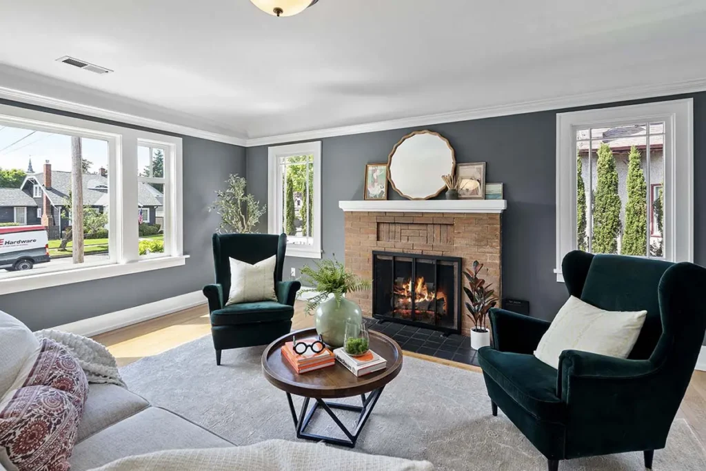 Wood burning fireplace and hardwood floors