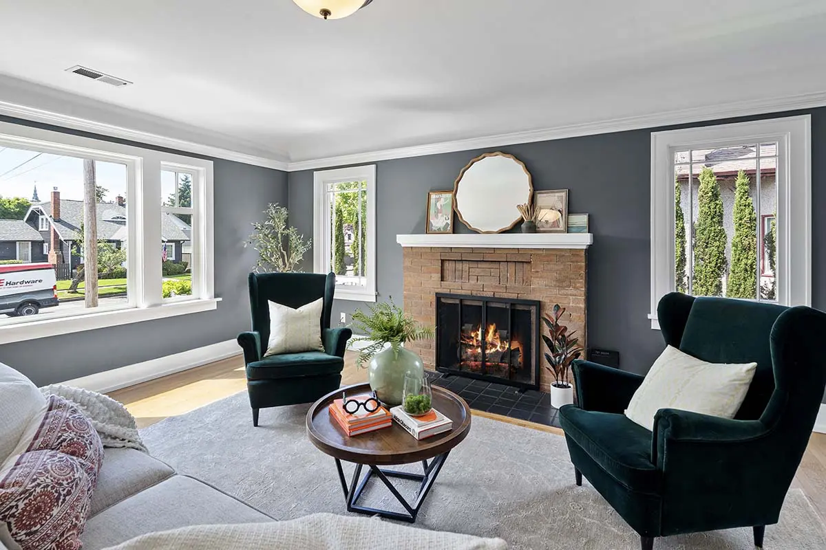 Wood burning fireplace and hardwood floors